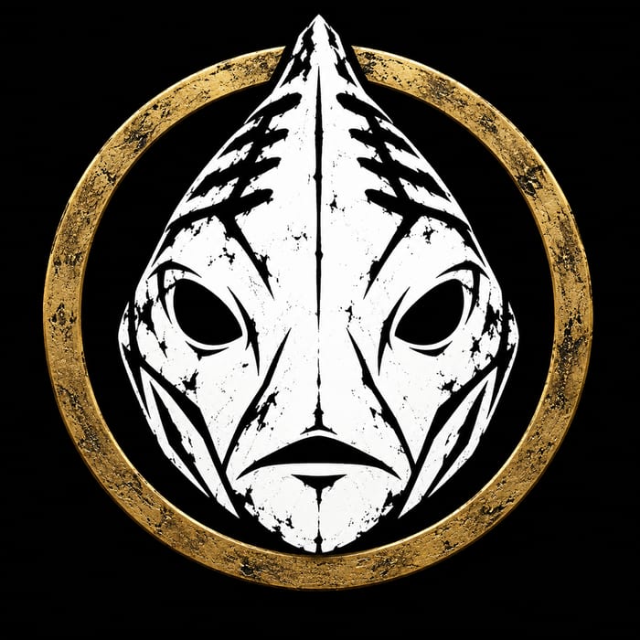Holy Maskerel logo: a white mackerel-face mask with black eye holes and a small black mouth on a black background.